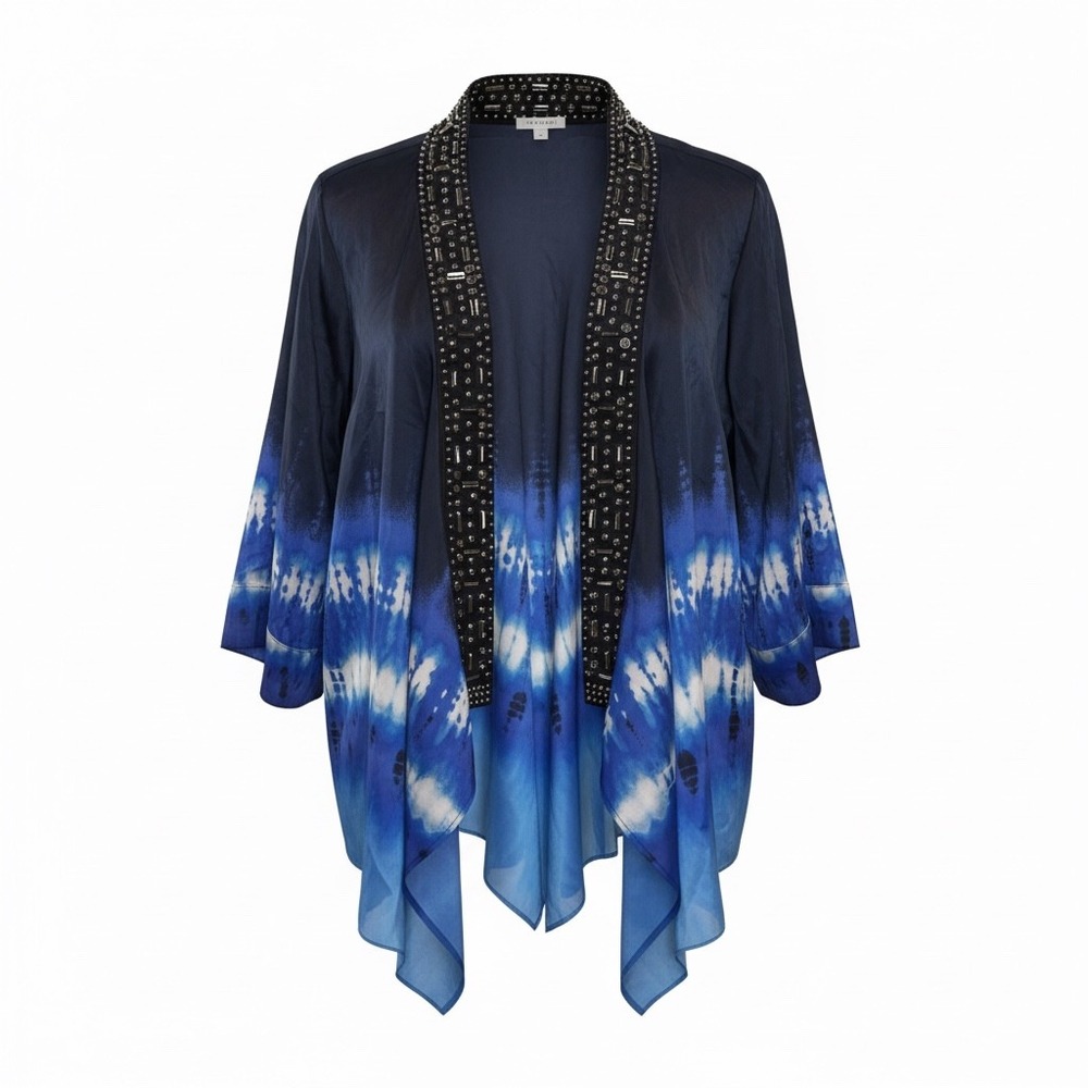 Black Label by Chico's Silk Tie Dye Embellished Kimono Top Blue Size 00 (XS-S)